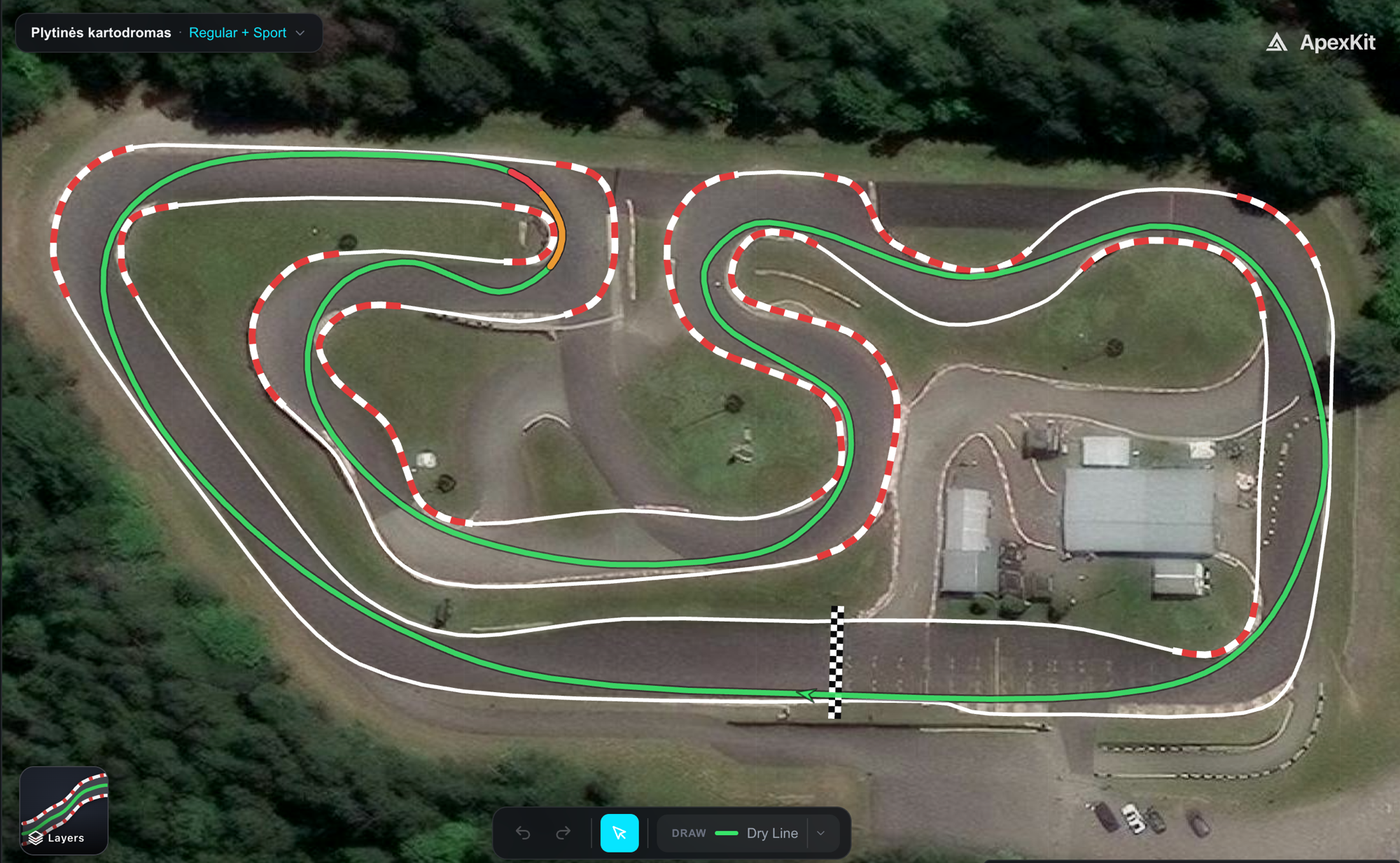 ApexKit Lines editor showing a racing line on a circuit with braking zones and apex markers