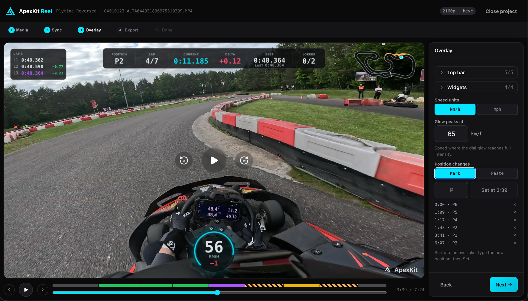ApexKit Reel showing a racing video with a speed readout, lap timer, and track map overlay